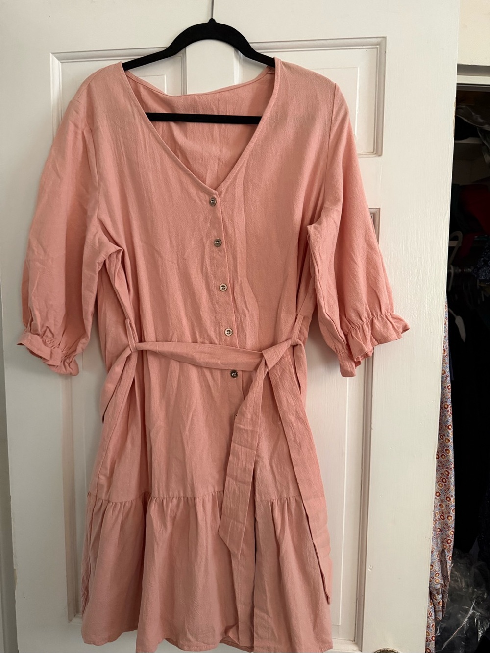 Button-Front Pink Midi Dress with Tie Waist